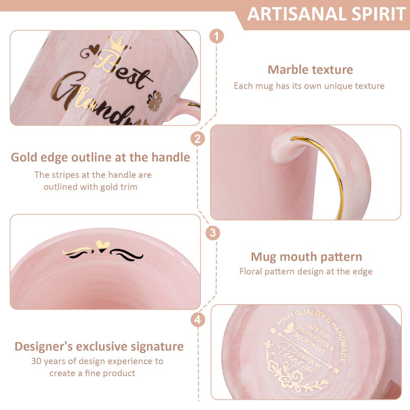 Doublewhale Gifts for Grandma - Best Grandma Ever Mug, Unique Christmas Birthday Gifts for New Grandmas from Granddaughter Grandson - 14Oz Pink Marble Ceramic Coffee Mugs Print with Gold - Lid Spoon Card, Box - Image 5